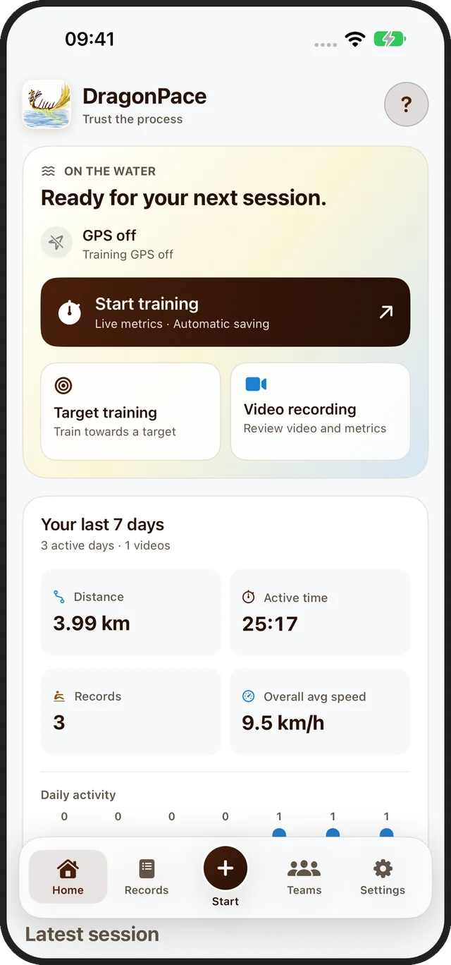 DragonPace home screen with Start training, Target training and Video recording